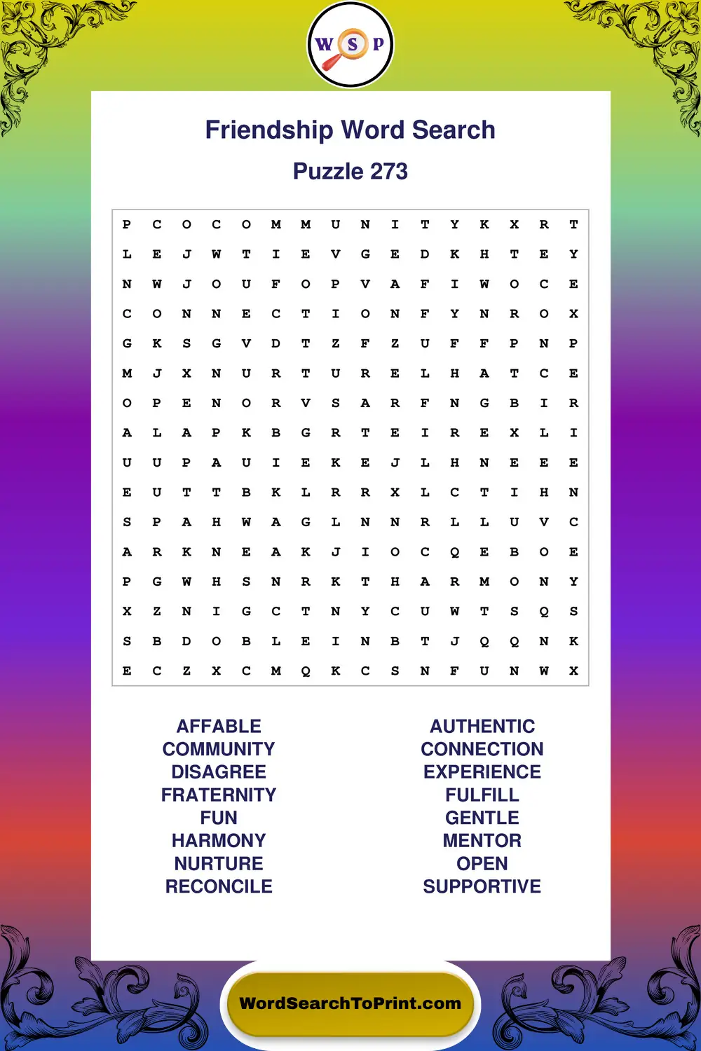 Friendship Word Search Puzzle 273