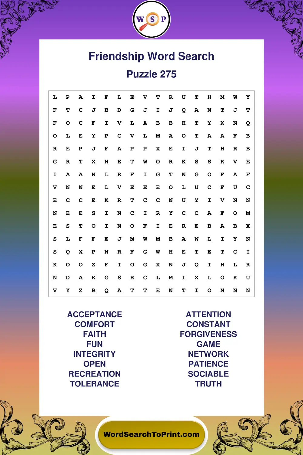 Friendship Word Search Puzzle 275