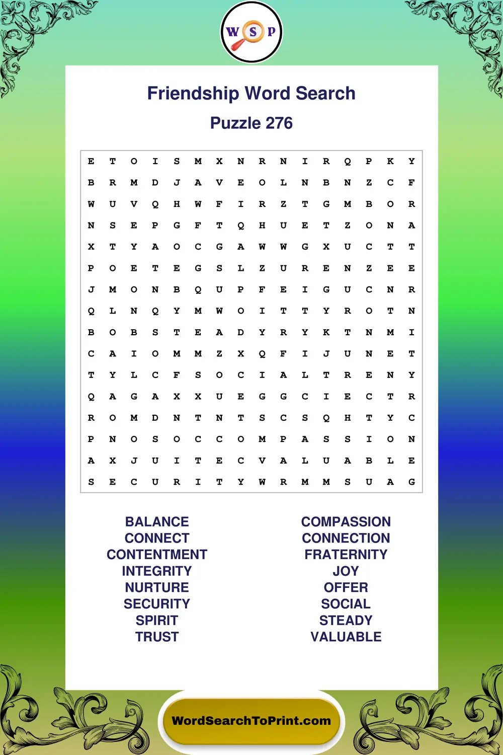 Friendship Word Search Puzzle 276