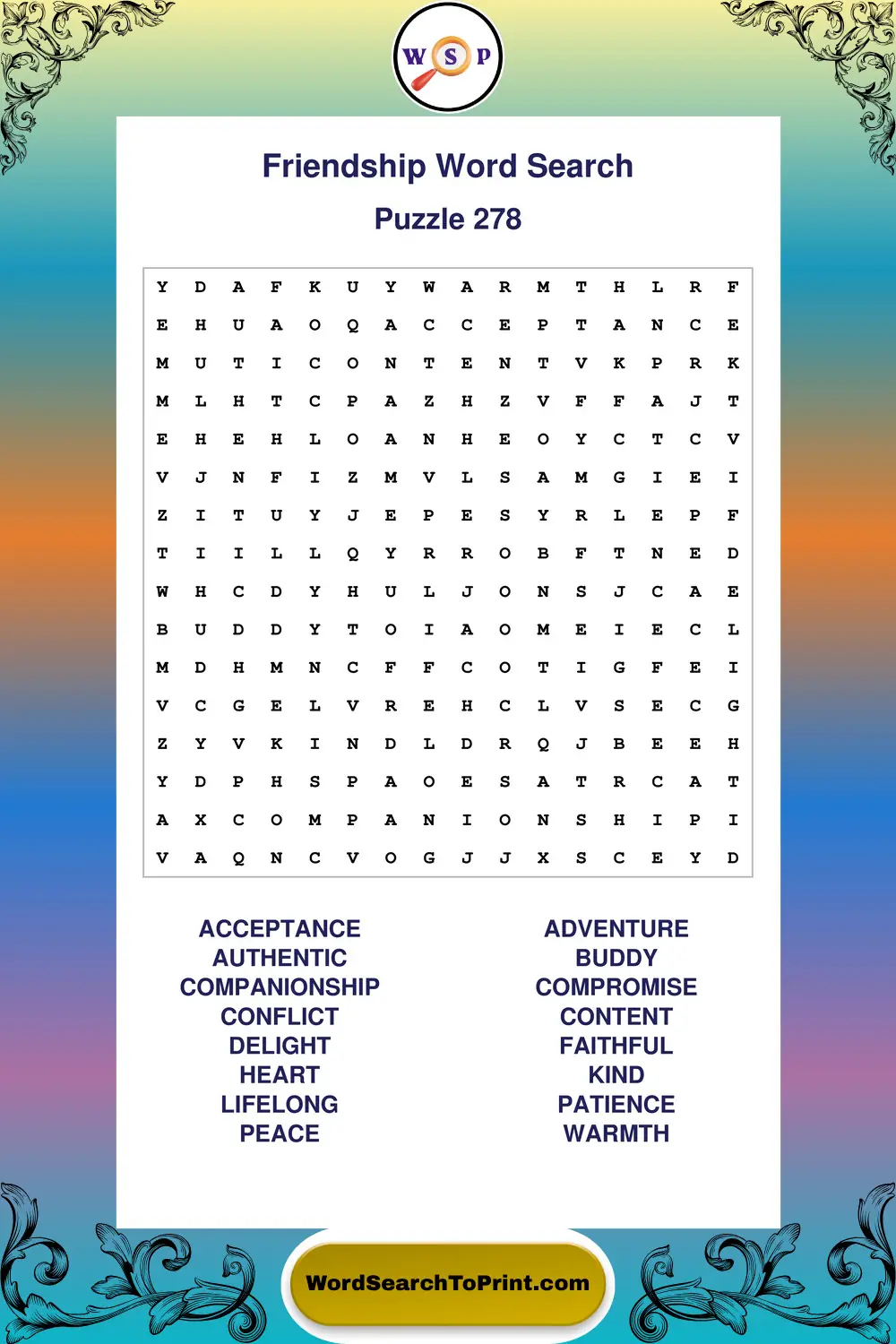 Friendship Word Search Puzzle 278