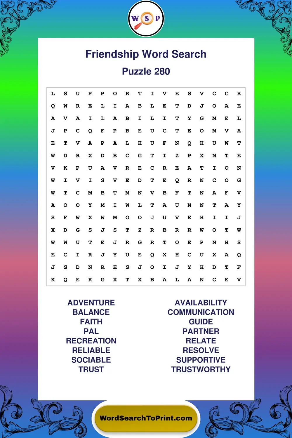 Friendship Word Search Puzzle 280