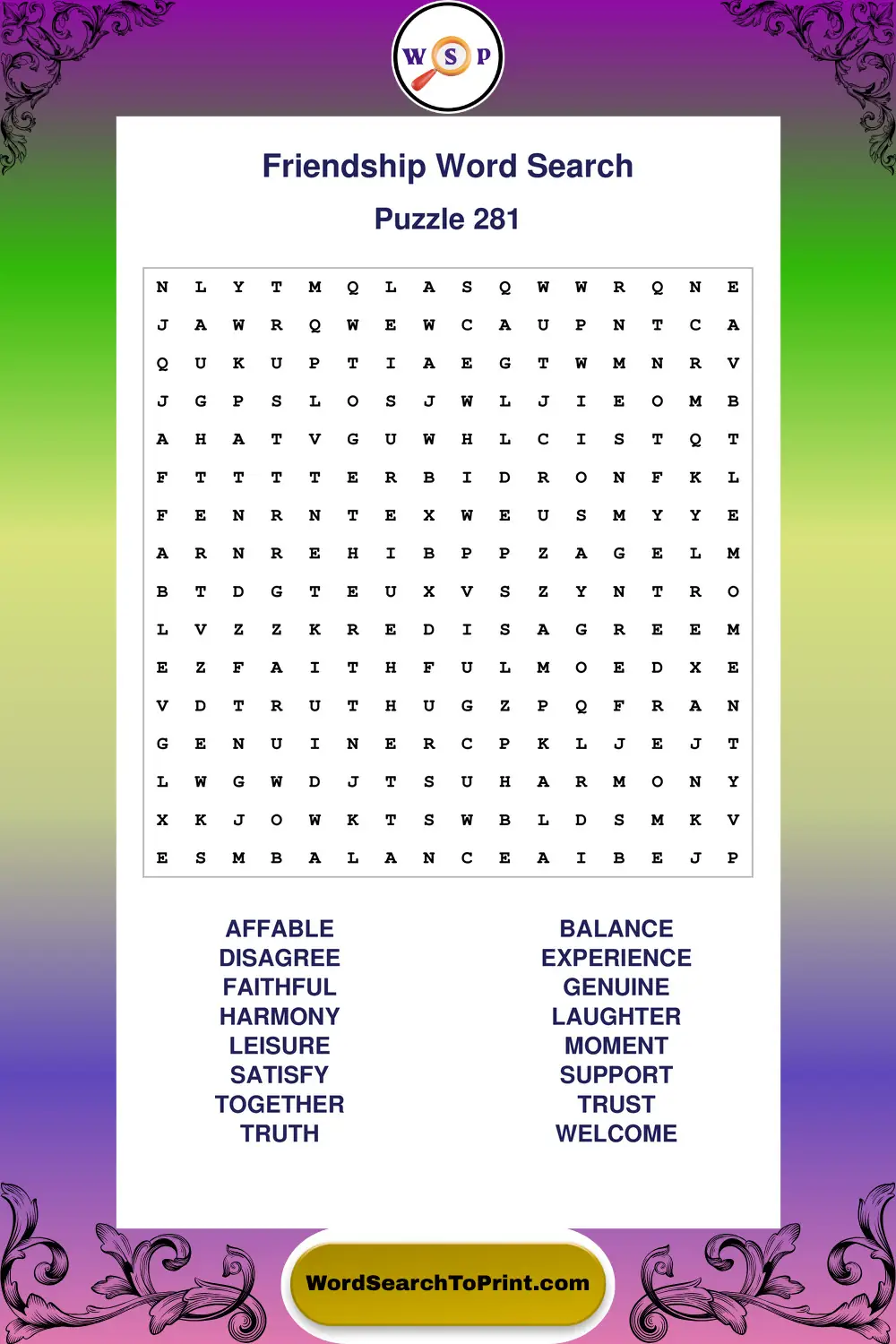 Friendship Word Search Puzzle 281