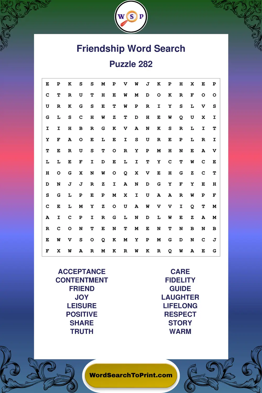 Friendship Word Search Puzzle 282