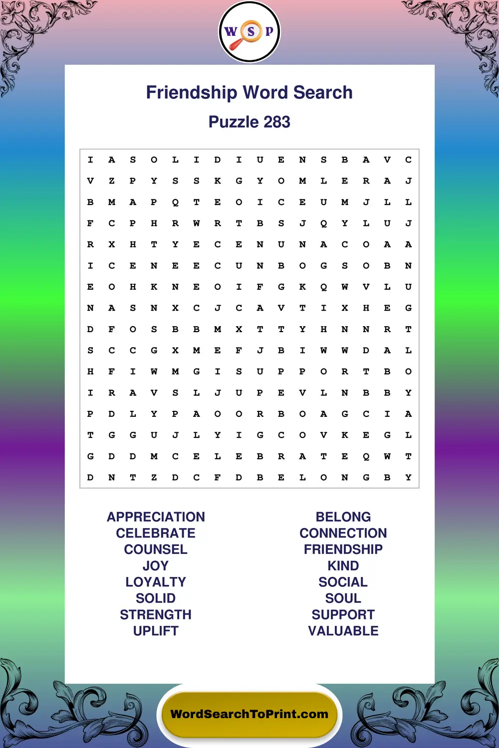 Friendship Word Search Puzzle 283