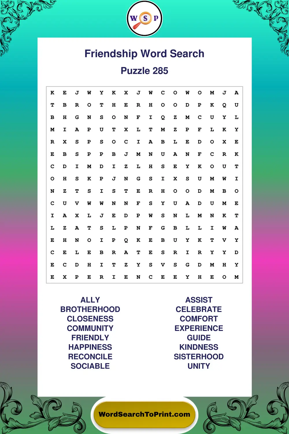 Friendship Word Search Puzzle 285