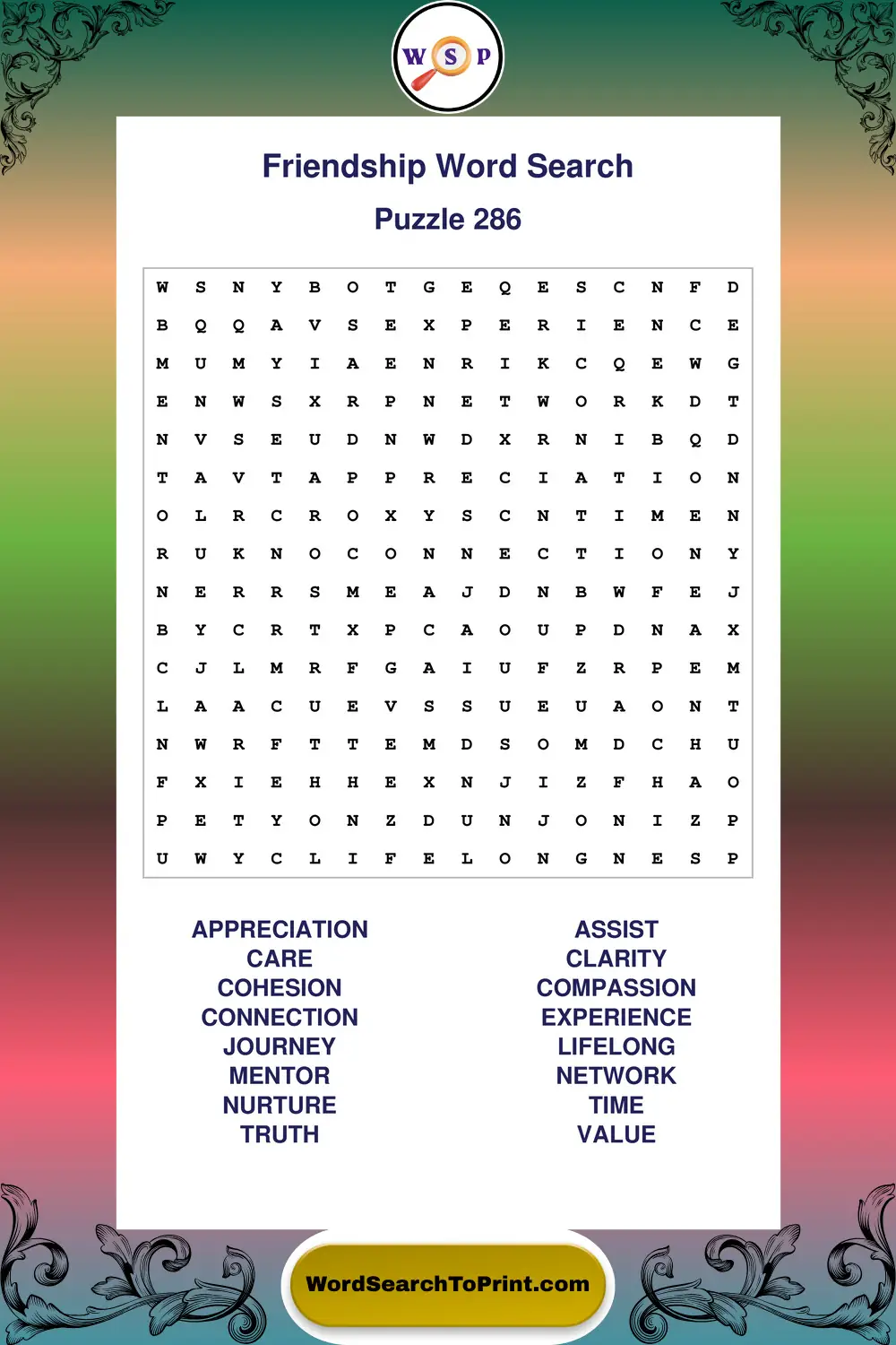Friendship Word Search Puzzle 286