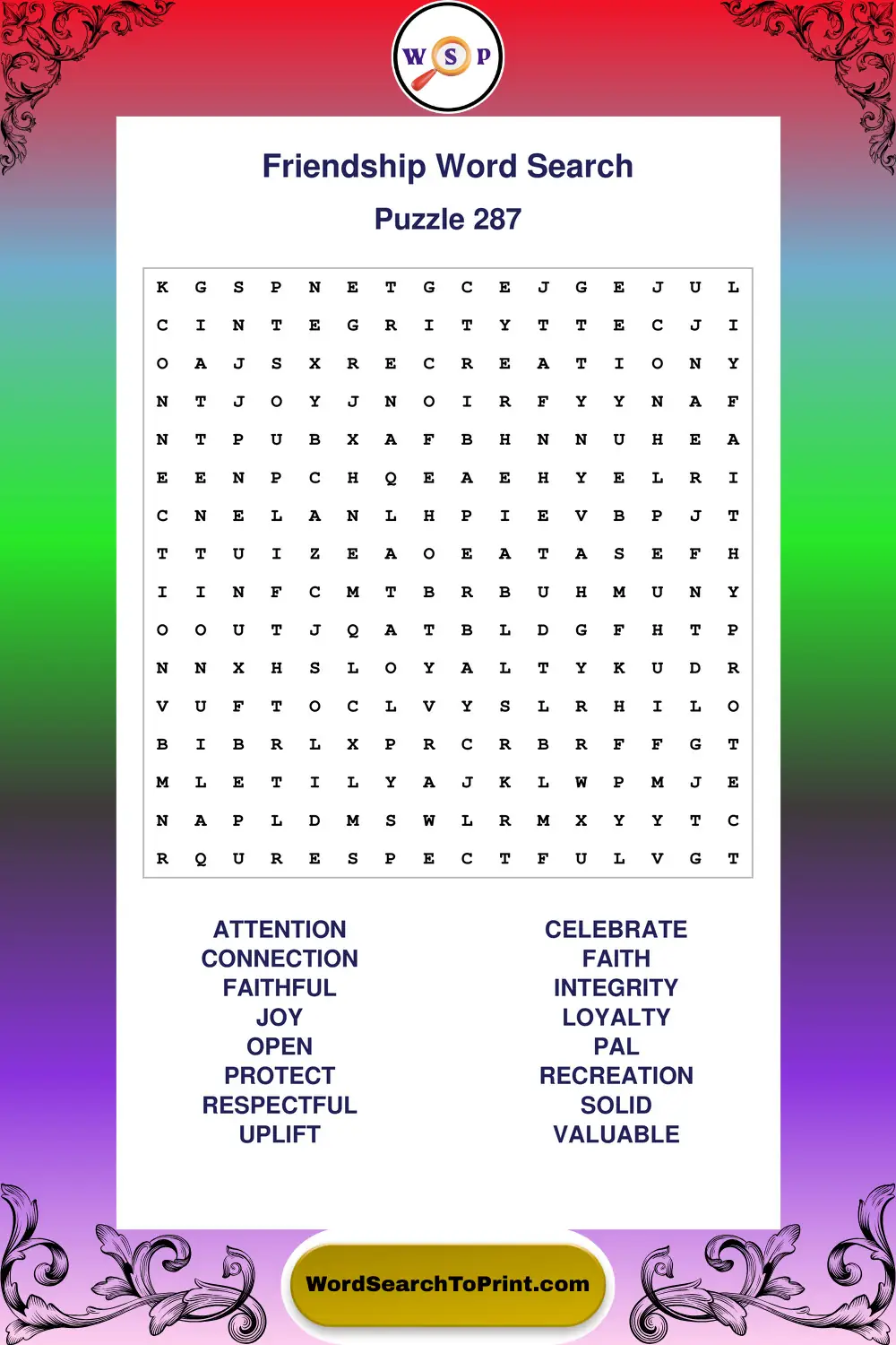 Friendship Word Search Puzzle 287