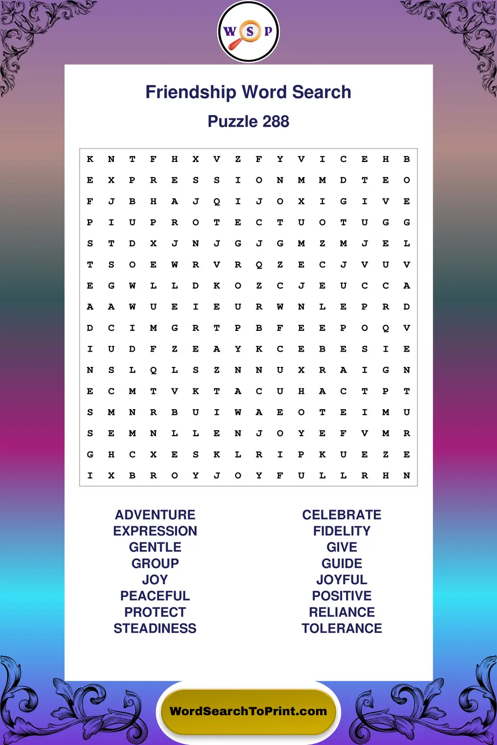Friendship Word Search Puzzle 288