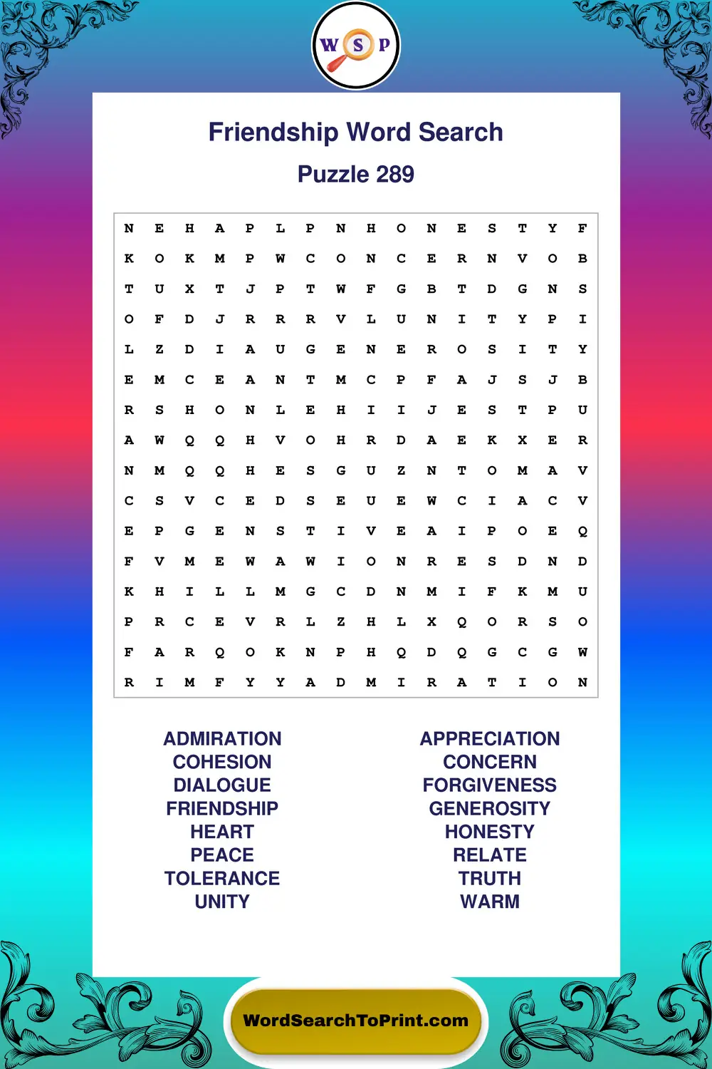 Friendship Word Search Puzzle 289