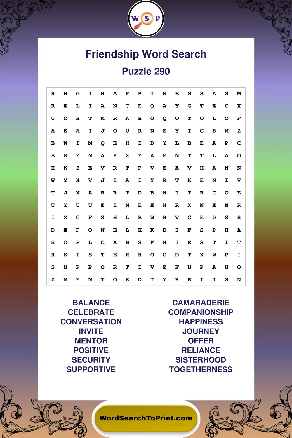 Friendship Word Search Puzzle 290
