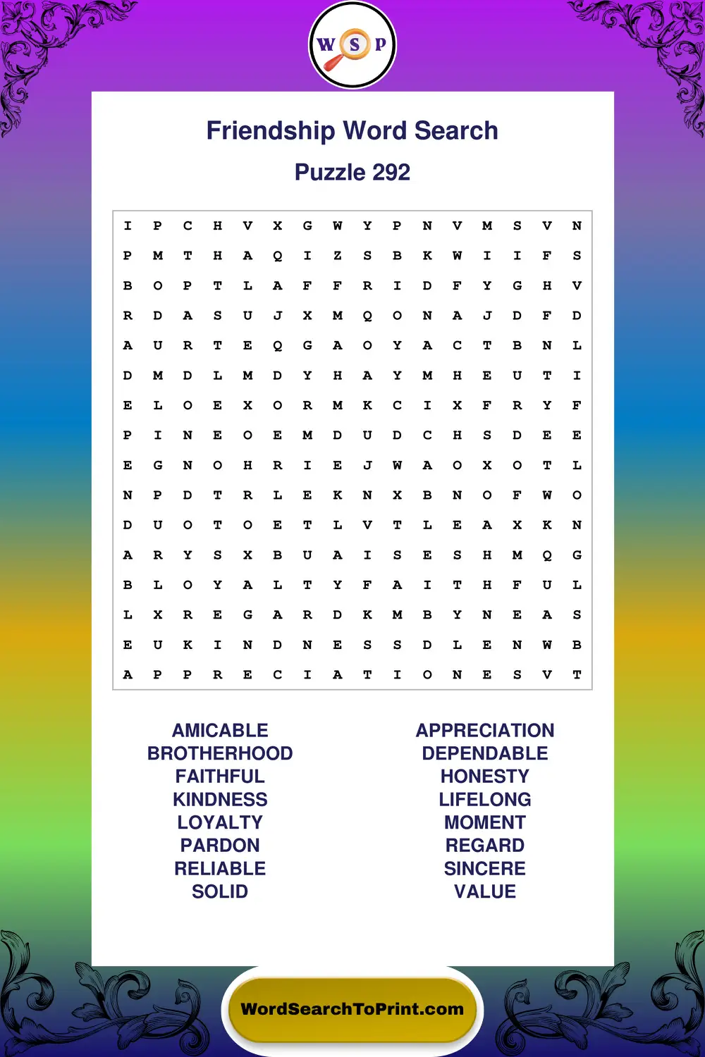 Friendship Word Search Puzzle 292