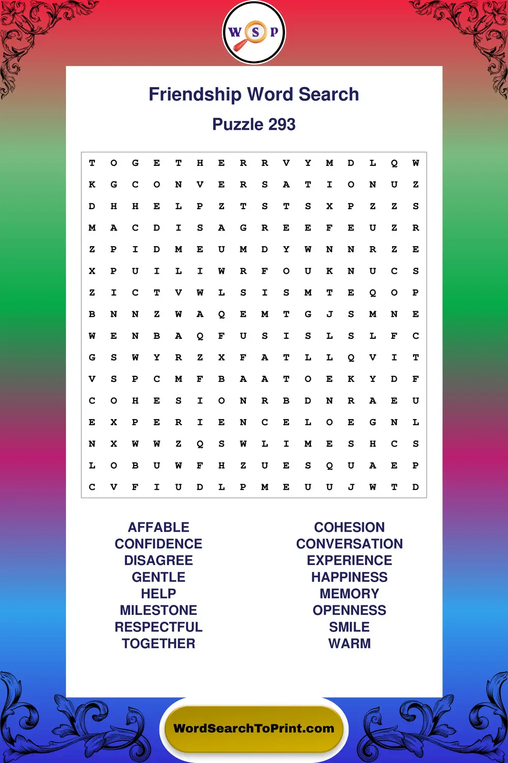 Friendship Word Search Puzzle 293
