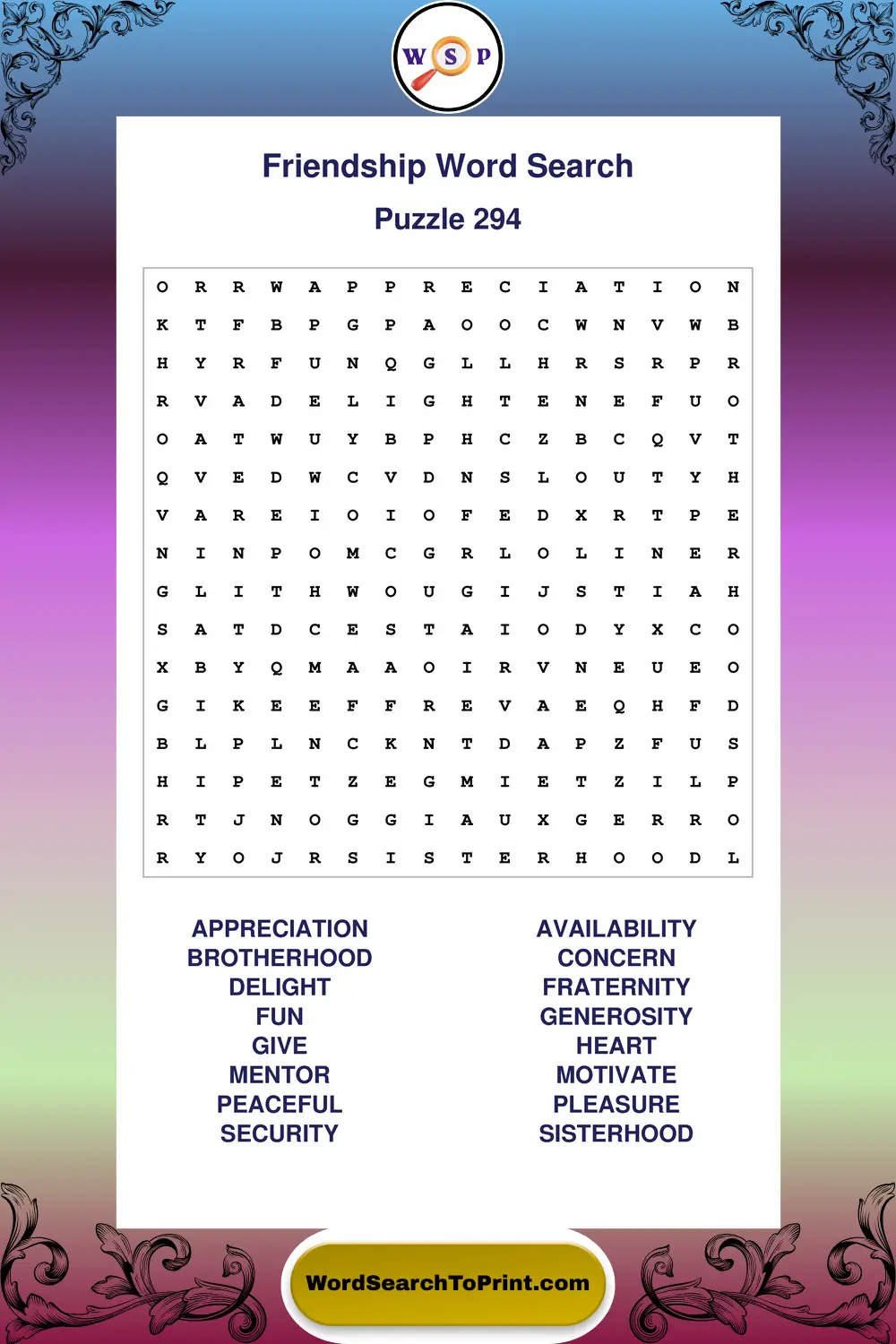 Friendship Word Search Puzzle 294