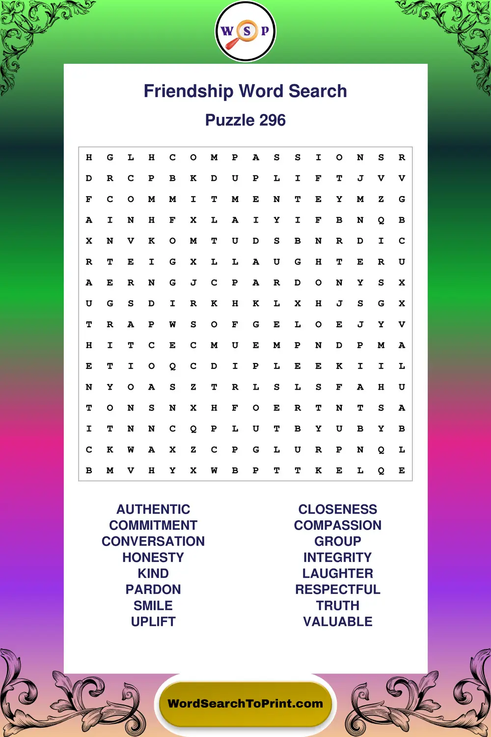 Friendship Word Search Puzzle 296