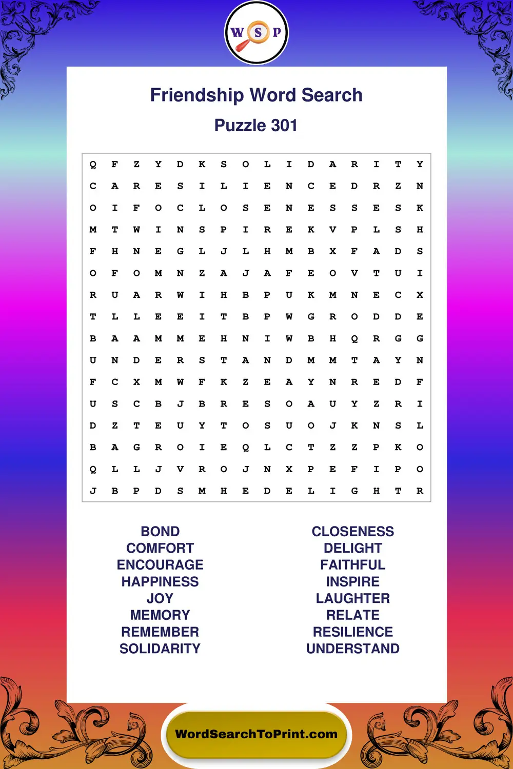 Friendship Word Search Puzzle 301