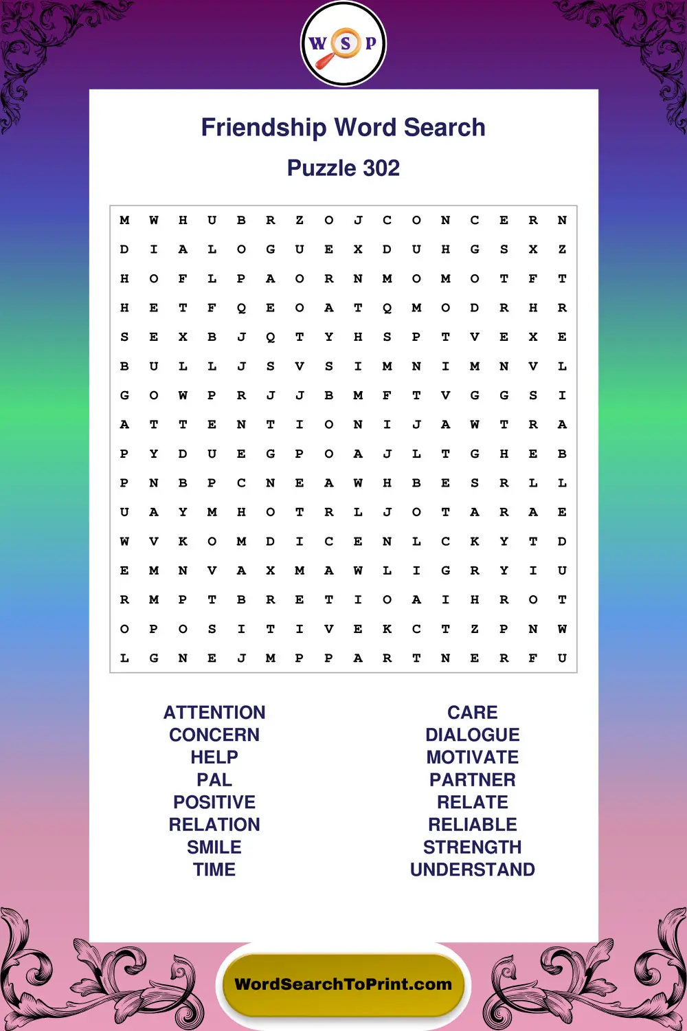 Friendship Word Search Puzzle 302