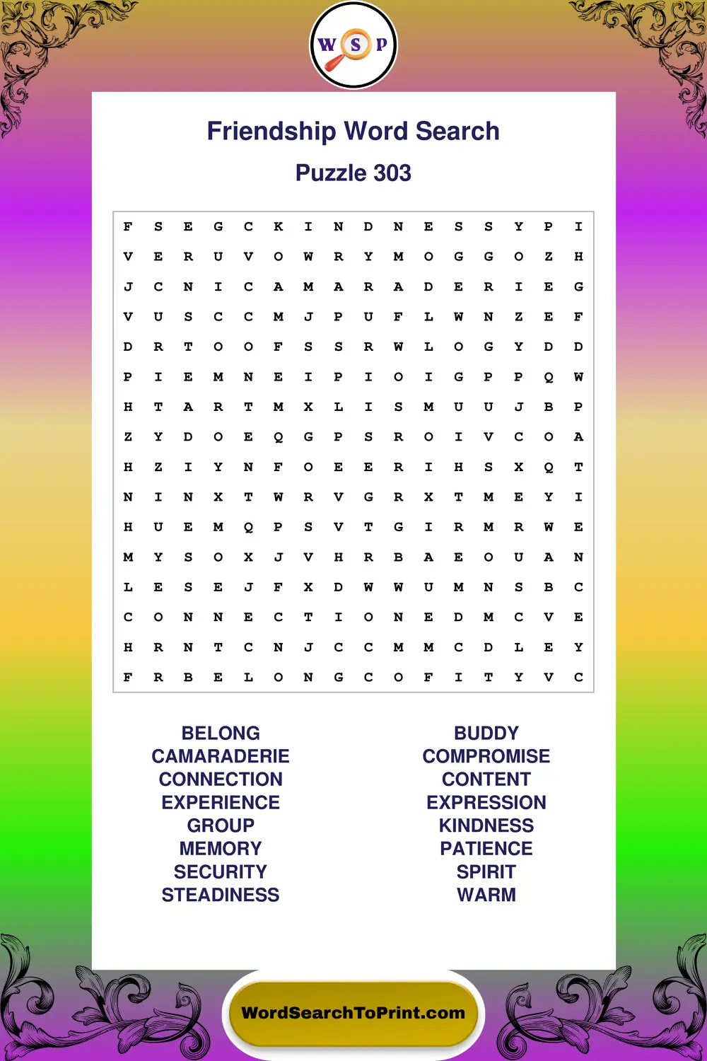 Friendship Word Search Puzzle 303