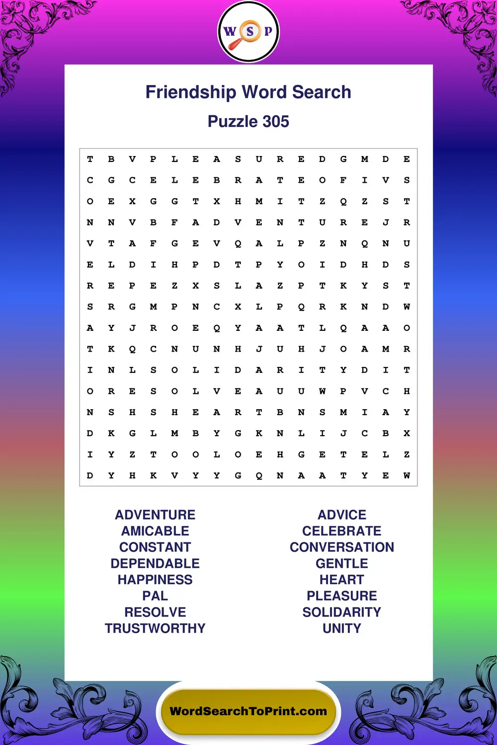 Friendship Word Search Puzzle 305