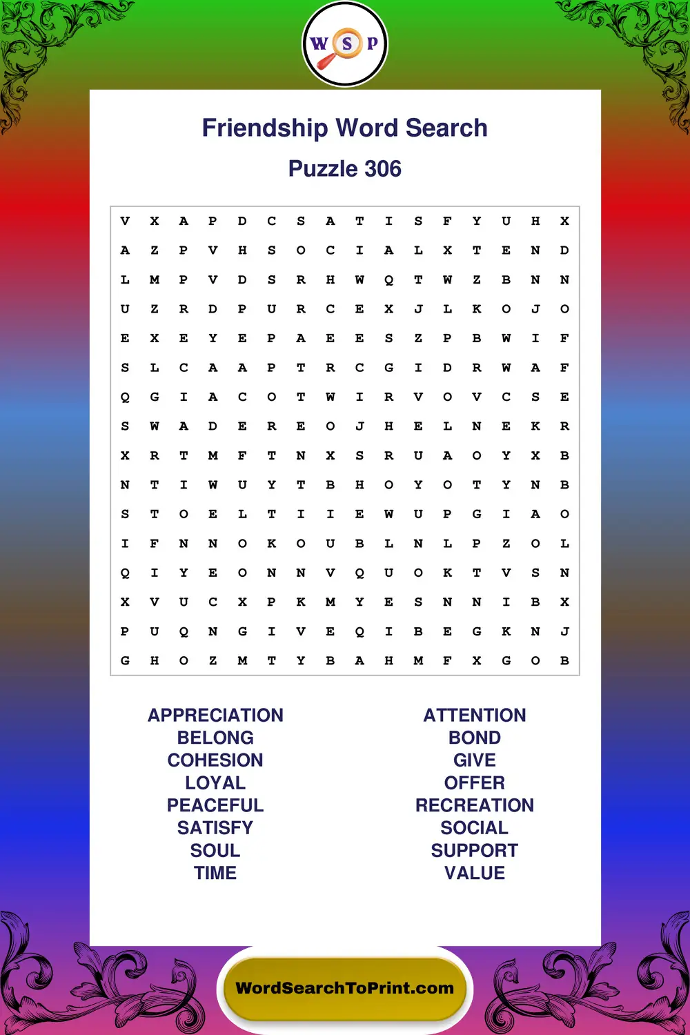 Friendship Word Search Puzzle 306