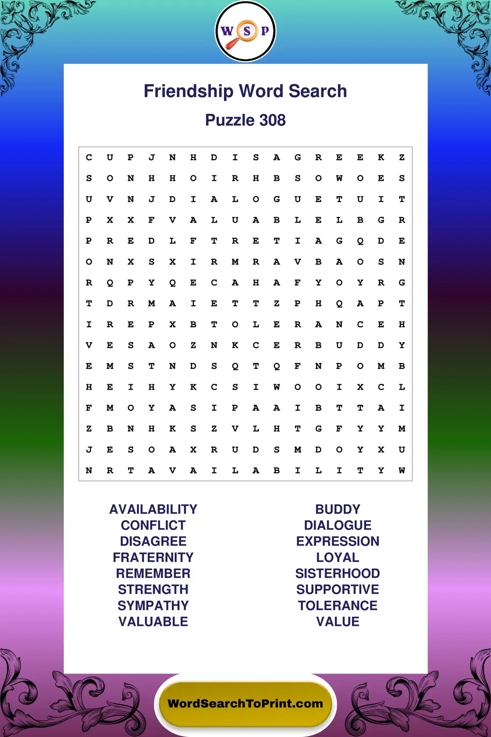Friendship Word Search Puzzle 308