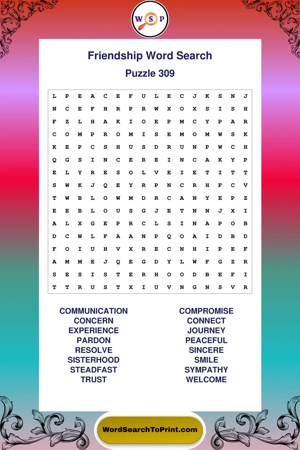 Friendship Word Search Puzzle 309