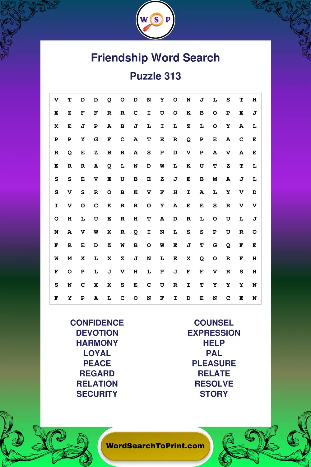 Friendship Word Search Puzzle 313