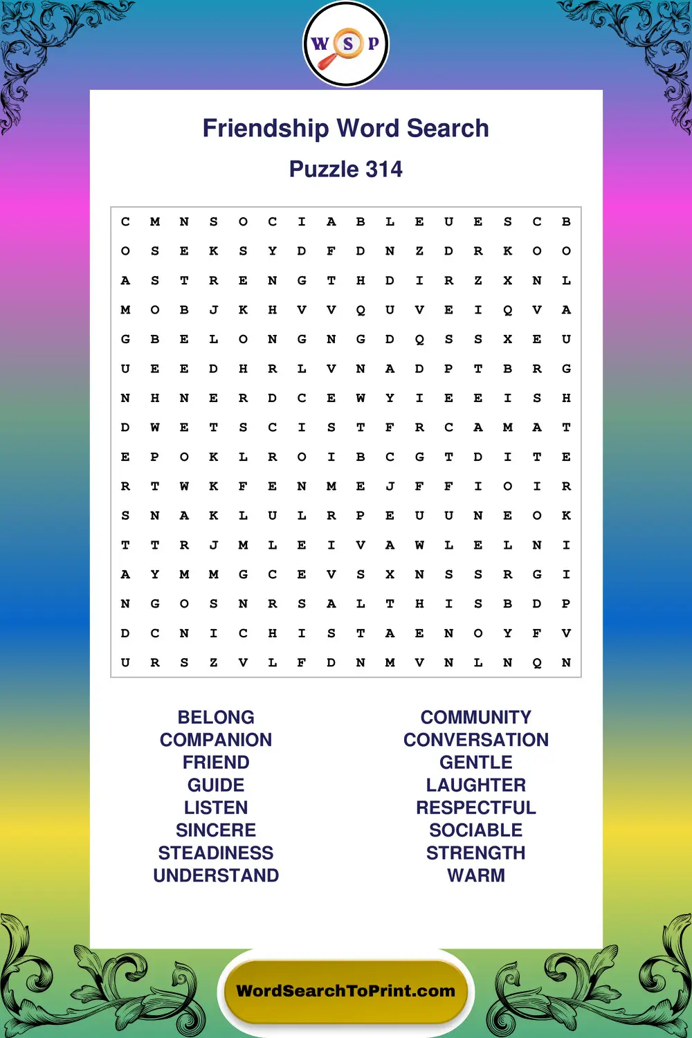 Friendship Word Search Puzzle 314