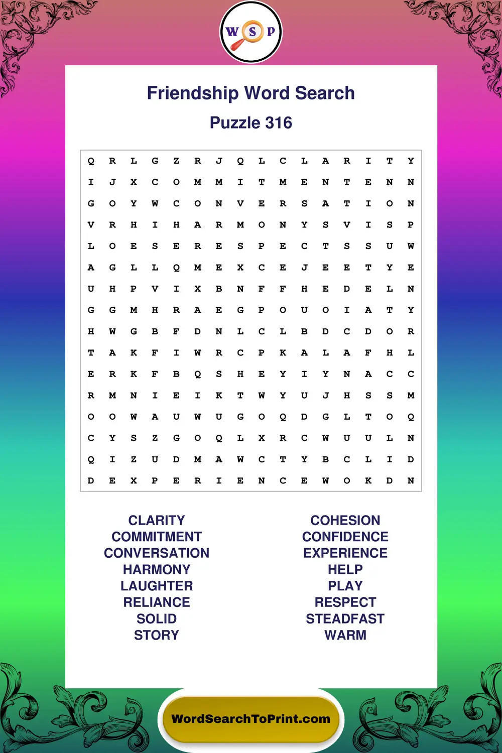 Friendship Word Search Puzzle 316