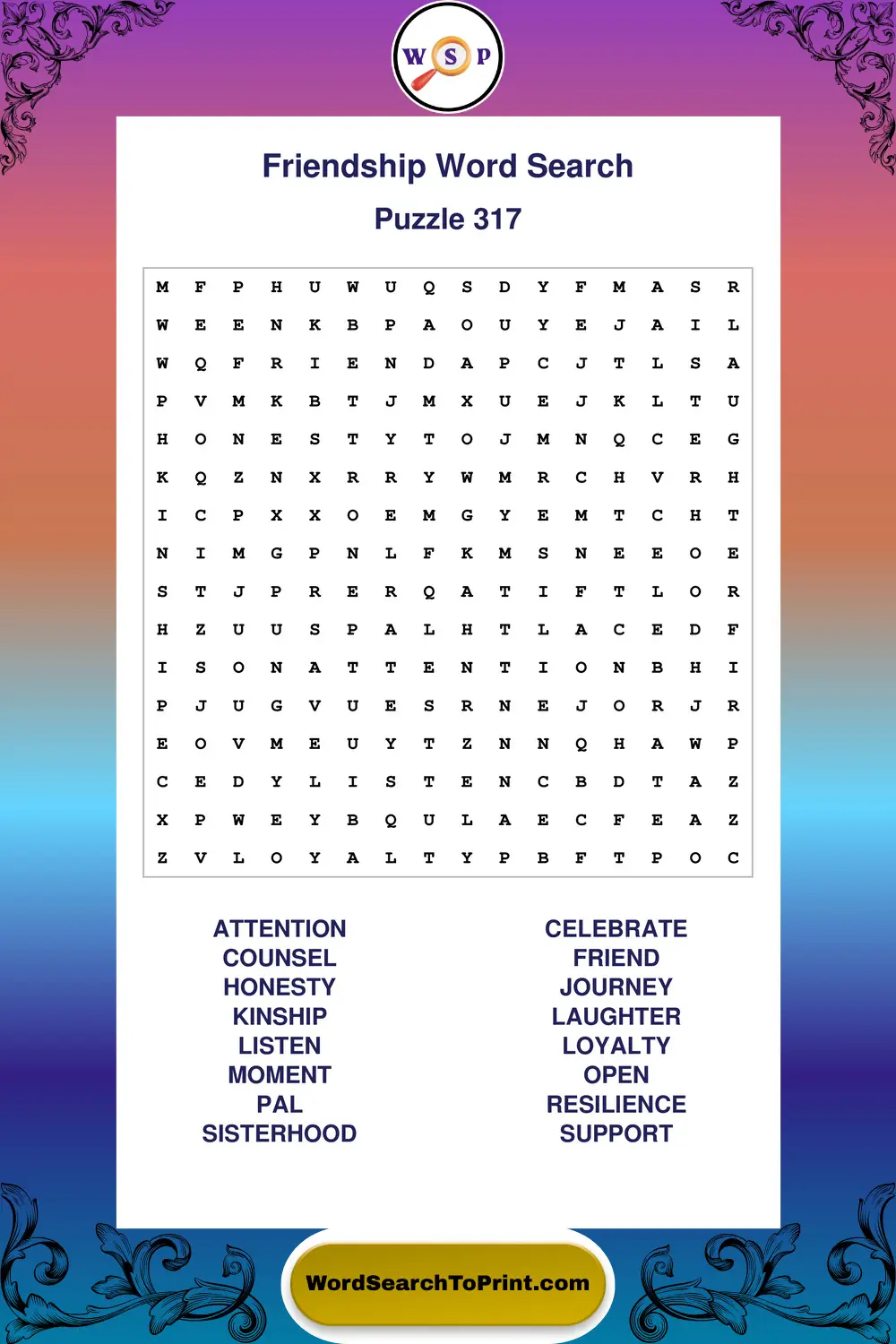 Friendship Word Search Puzzle 317