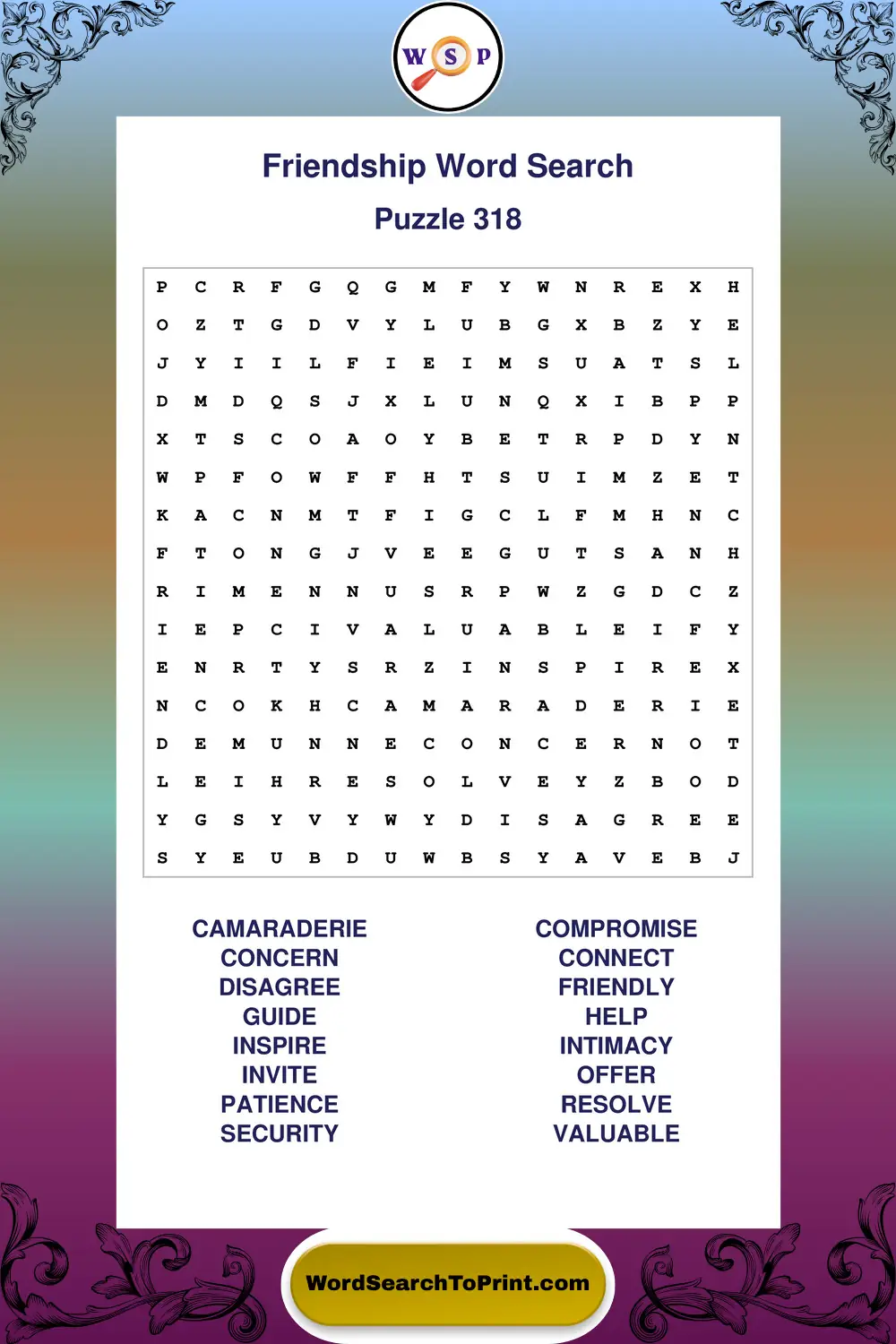 Friendship Word Search Puzzle 318