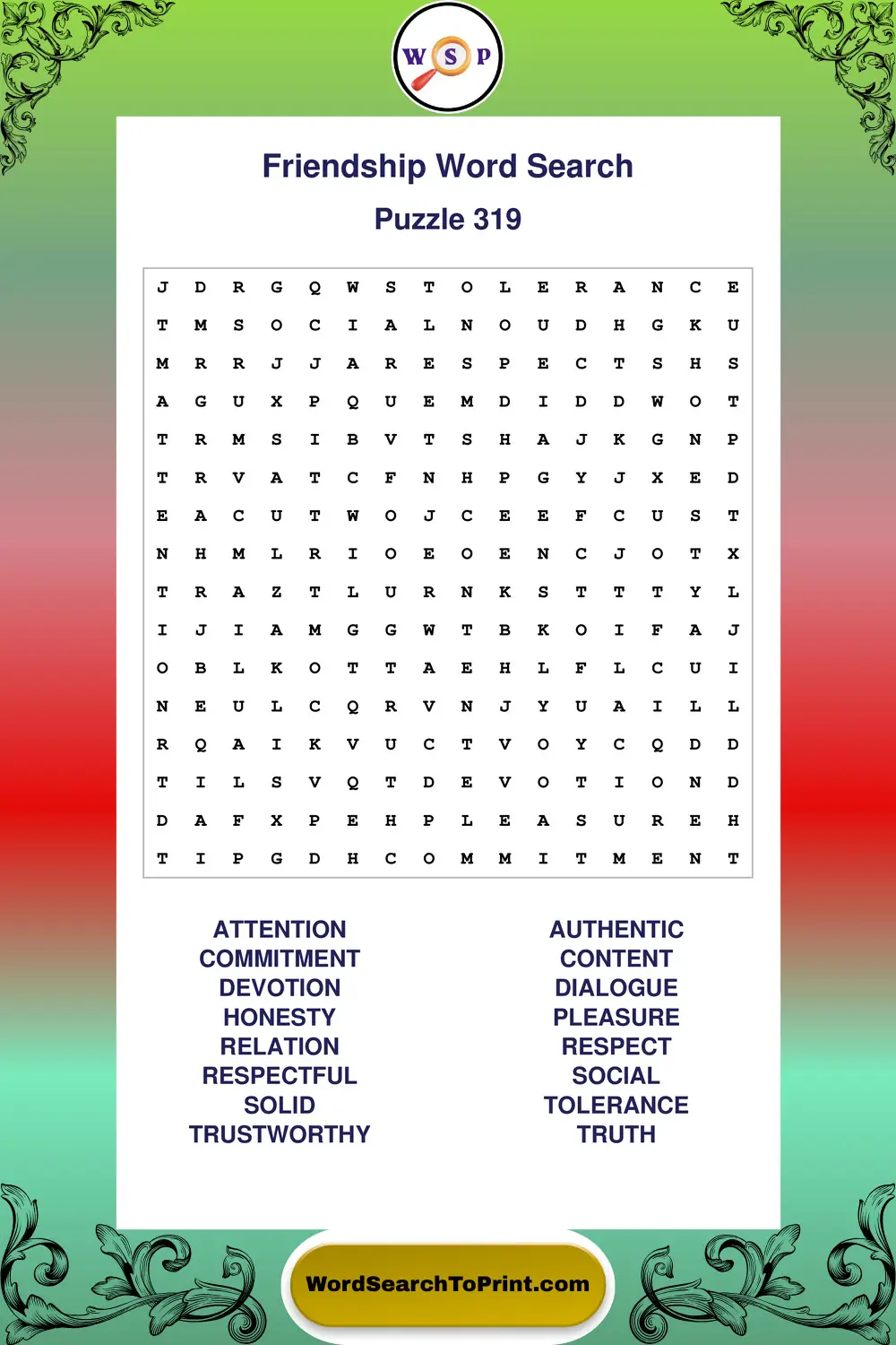 Friendship Word Search Puzzle 319