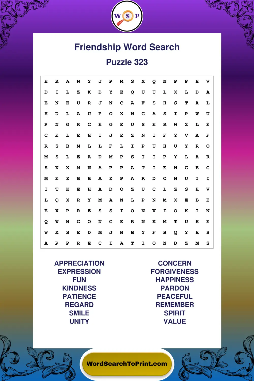 Friendship Word Search Puzzle 323