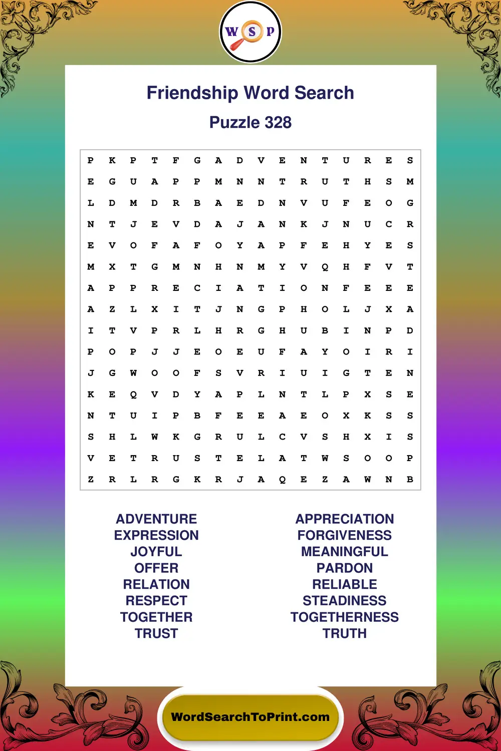 Friendship Word Search Puzzle 328