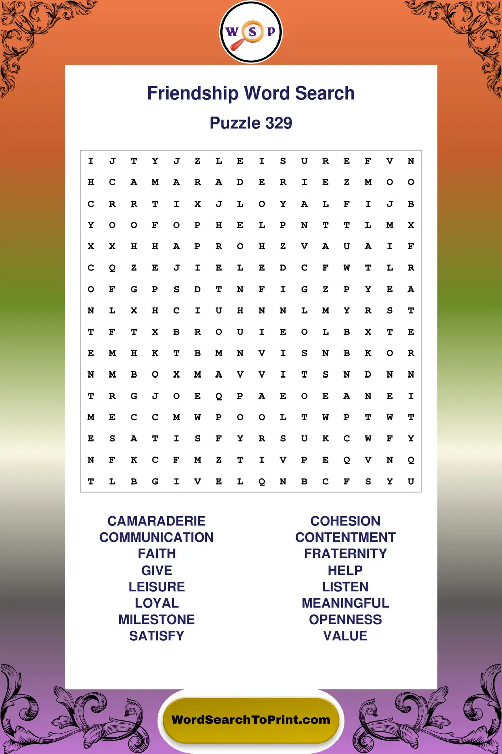 Friendship Word Search Puzzle 329