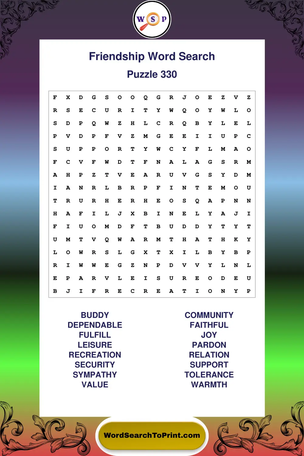 Friendship Word Search Puzzle 330