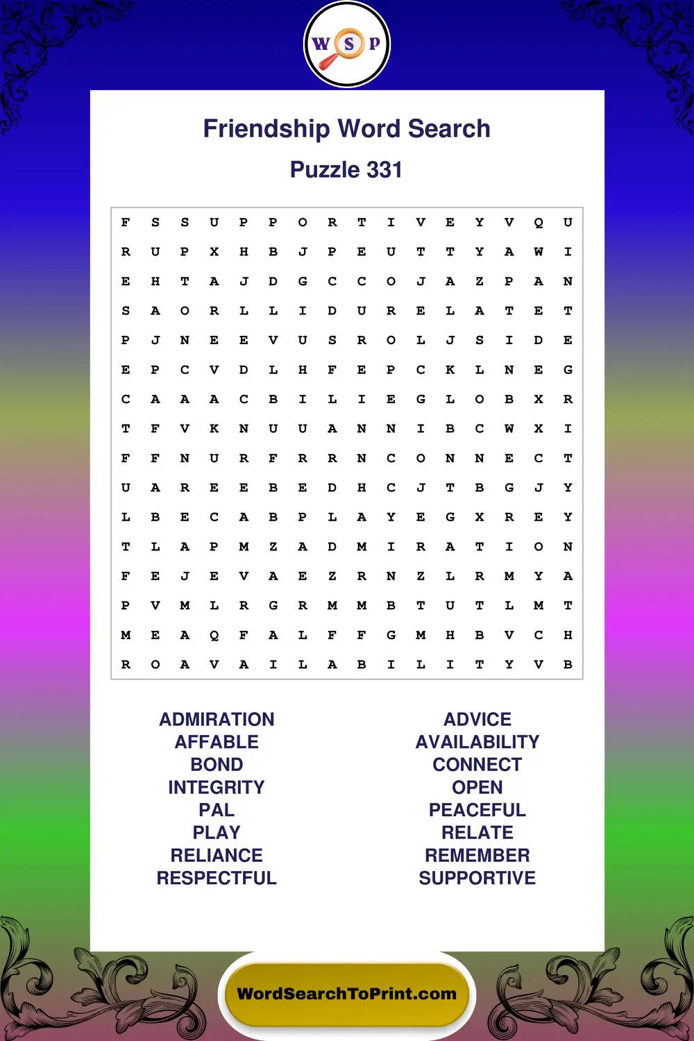 Friendship Word Search Puzzle 331