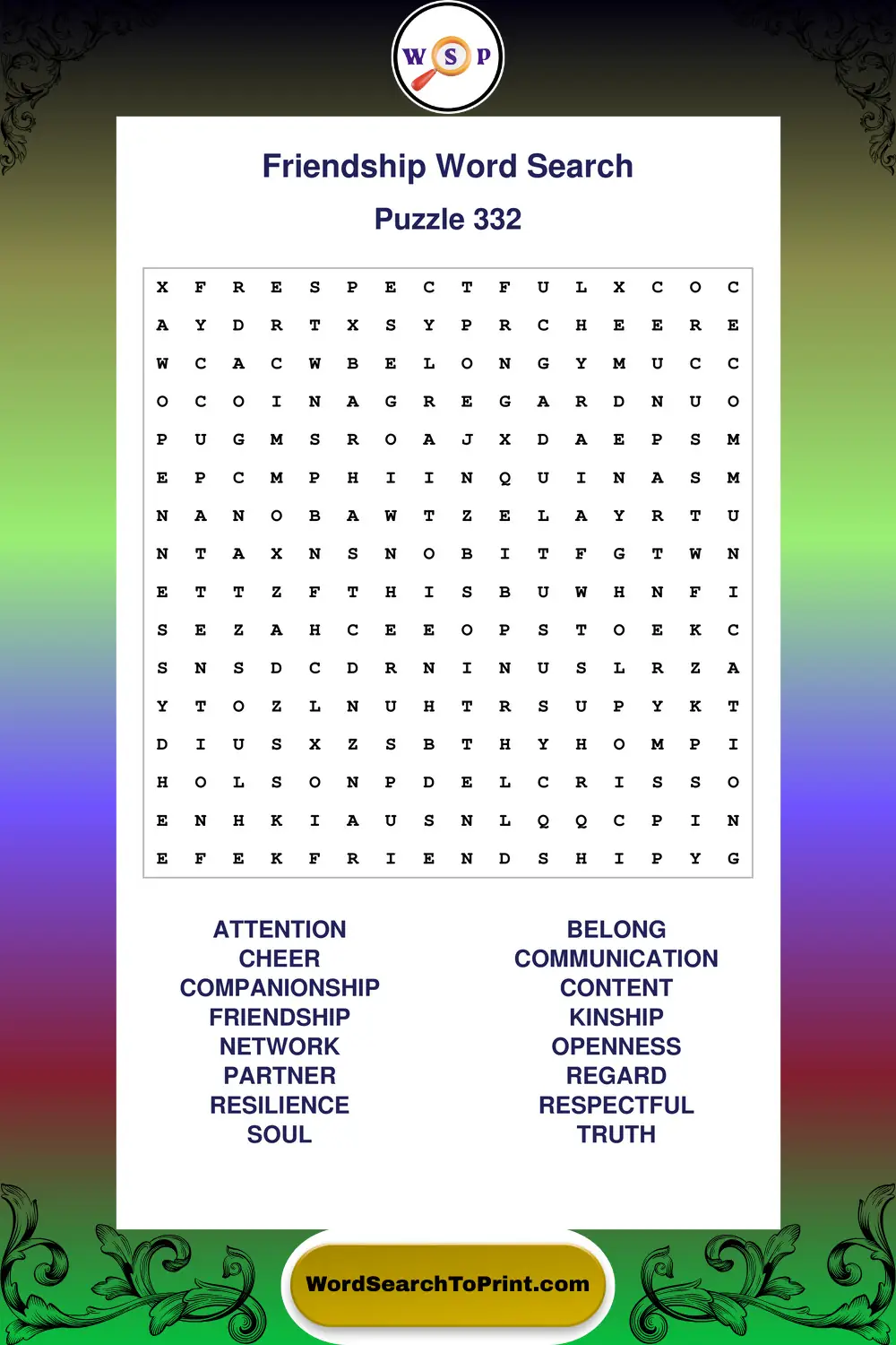 Friendship Word Search Puzzle 332