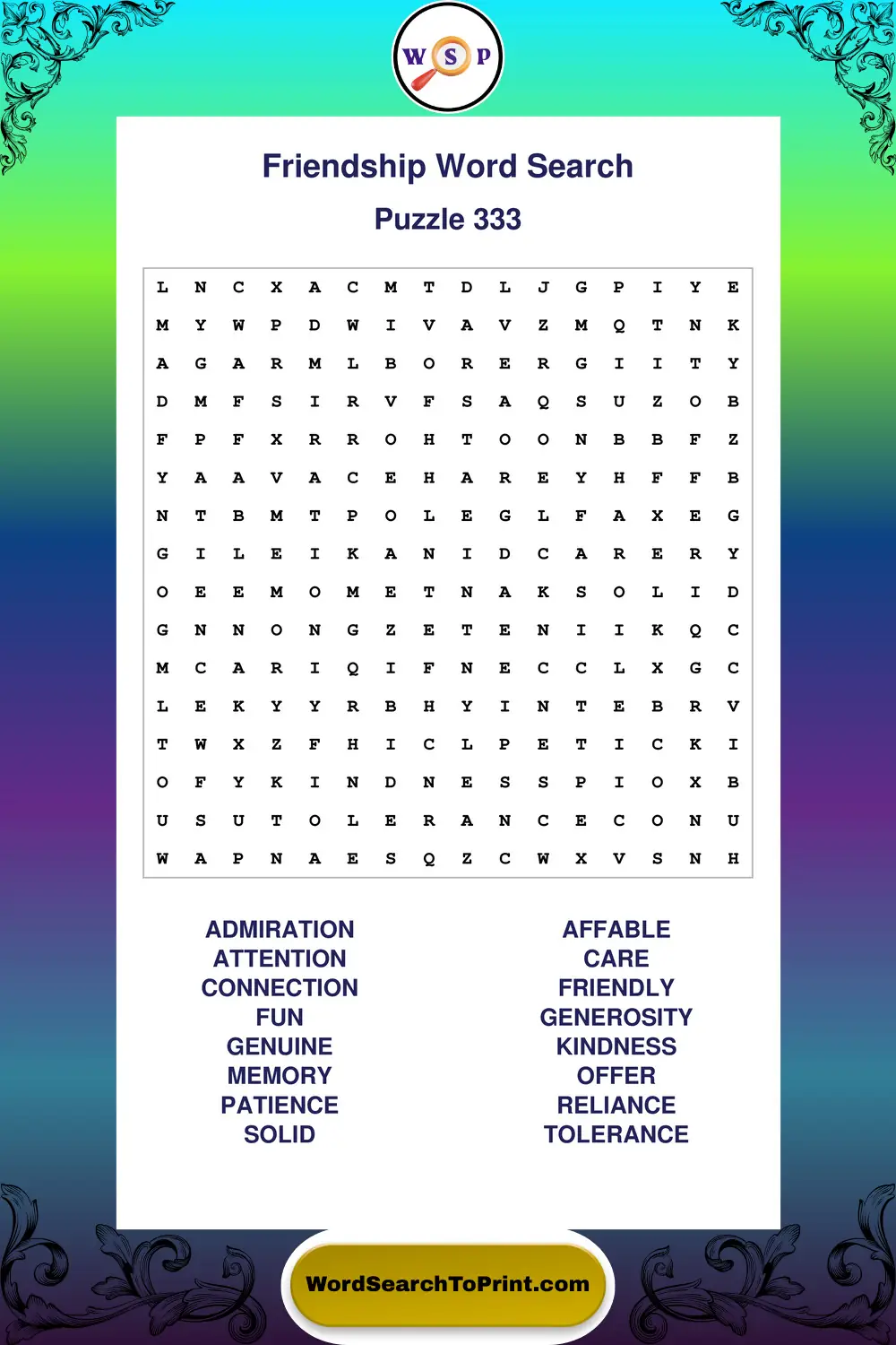 Friendship Word Search Puzzle 333