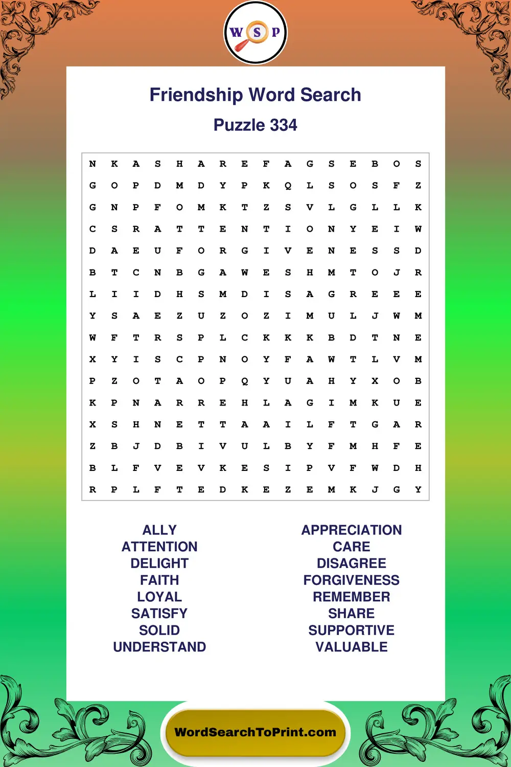 Friendship Word Search Puzzle 334