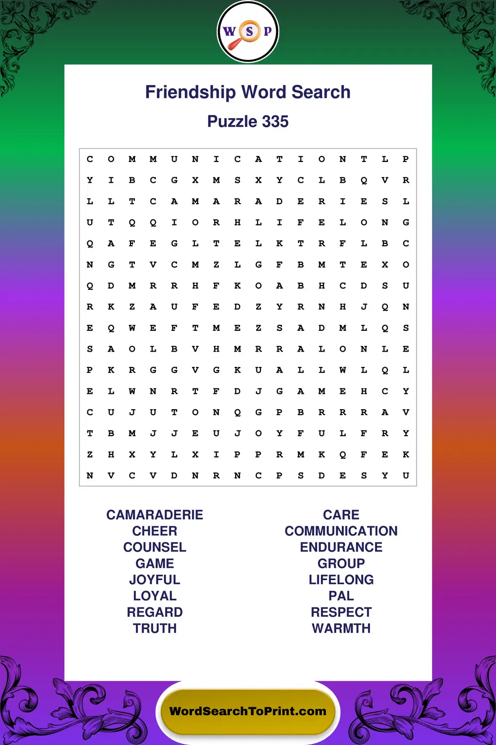 Friendship Word Search Puzzle 335