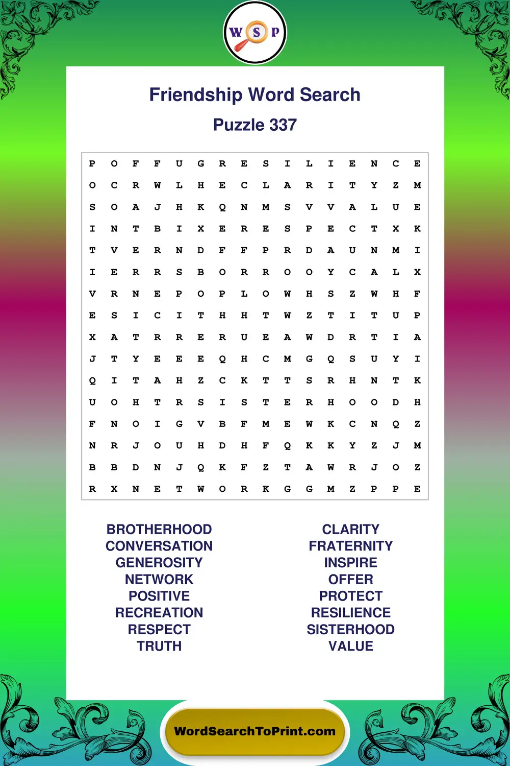 Friendship Word Search Puzzle 337
