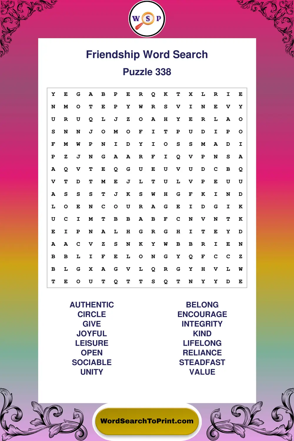 Friendship Word Search Puzzle 338