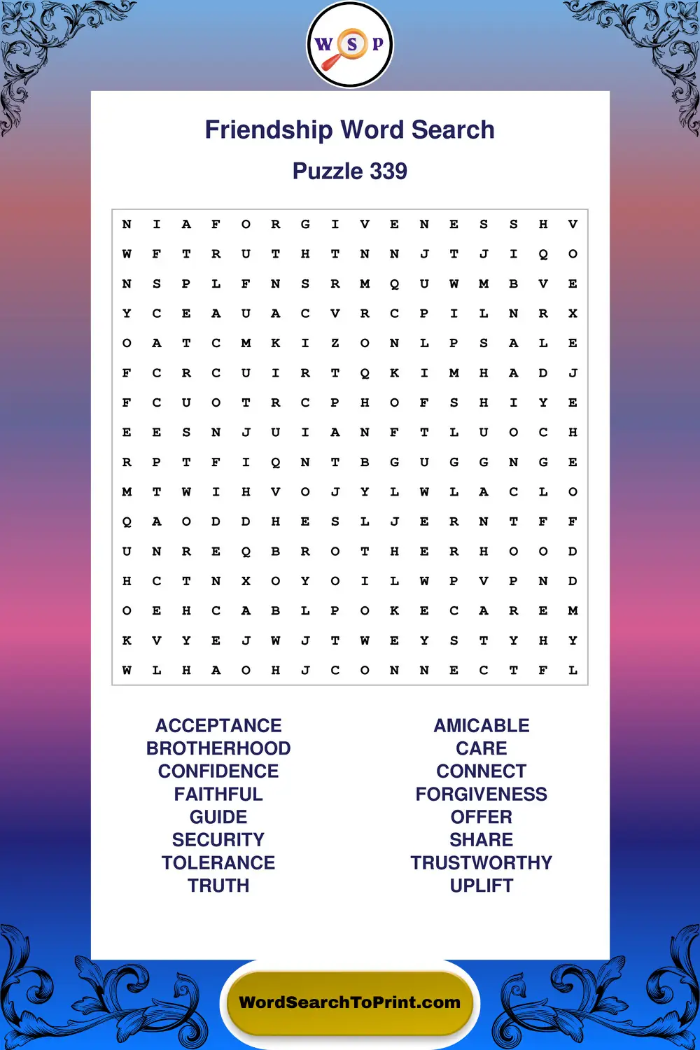 Friendship Word Search Puzzle 339