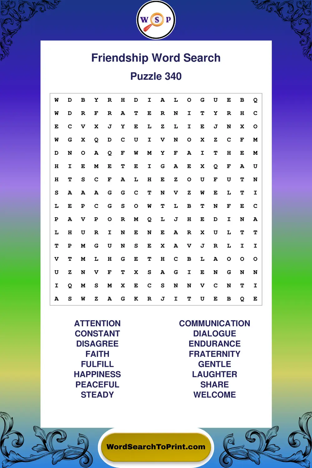 Friendship Word Search Puzzle 340