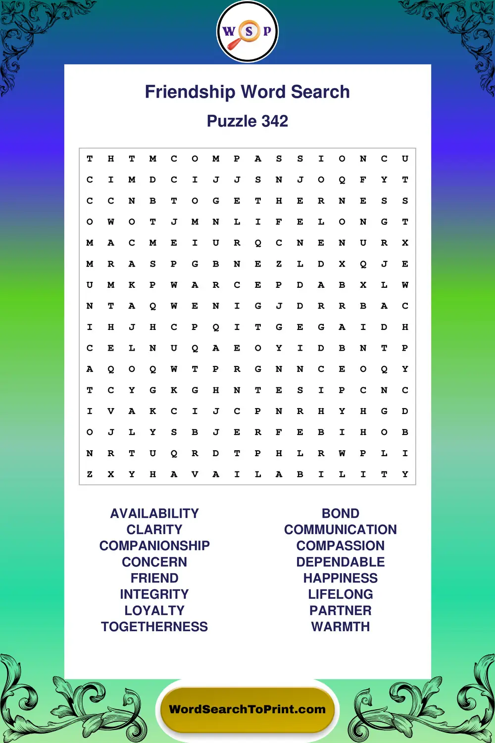 Friendship Word Search Puzzle 342