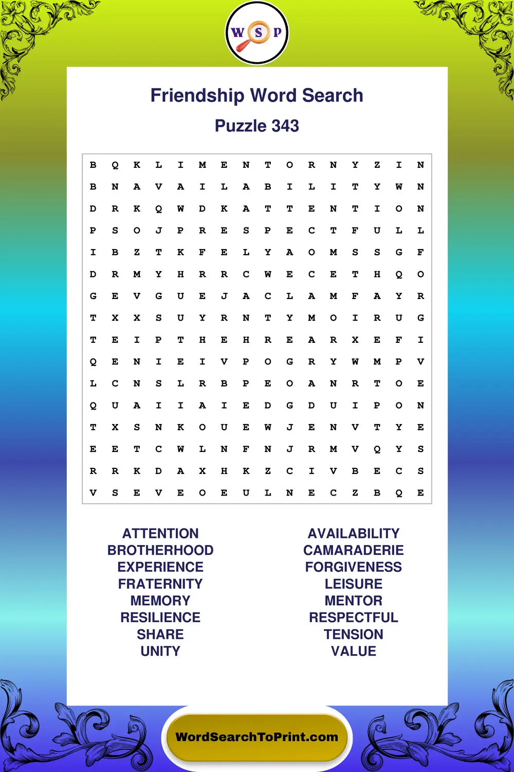 Friendship Word Search Puzzle 343