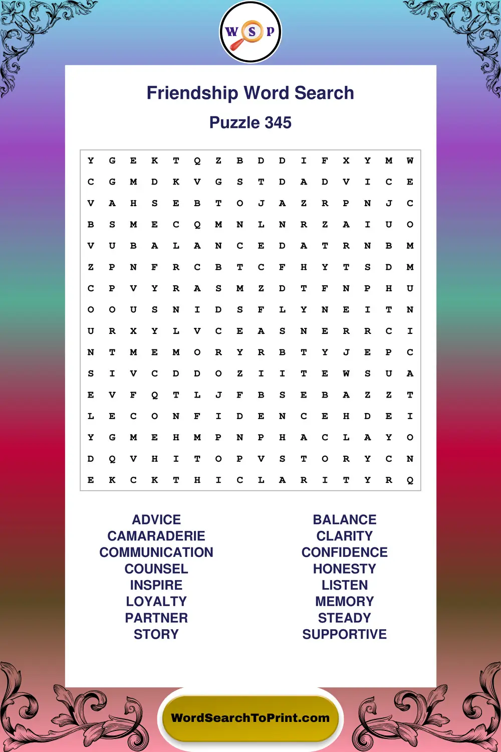 Friendship Word Search Puzzle 345