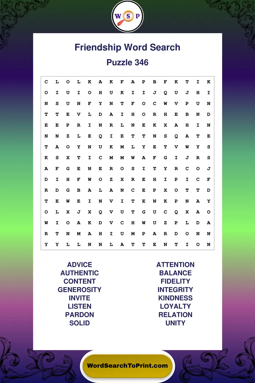 Friendship Word Search Puzzle 346