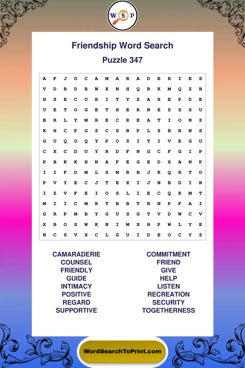 Friendship Word Search Puzzle 347