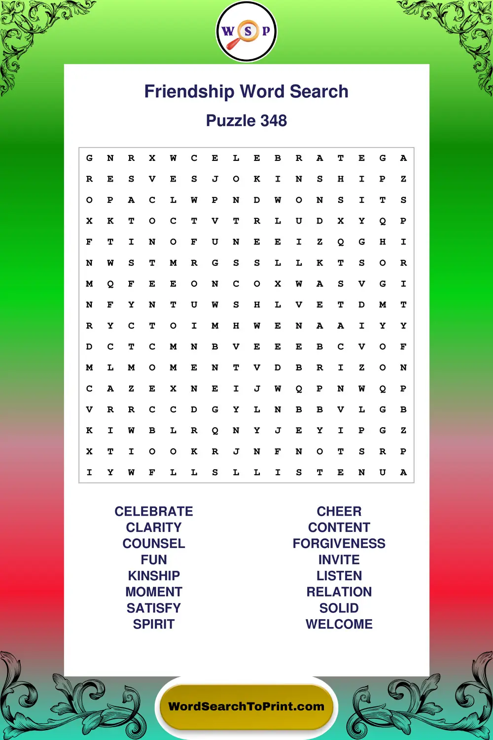 Friendship Word Search Puzzle 348